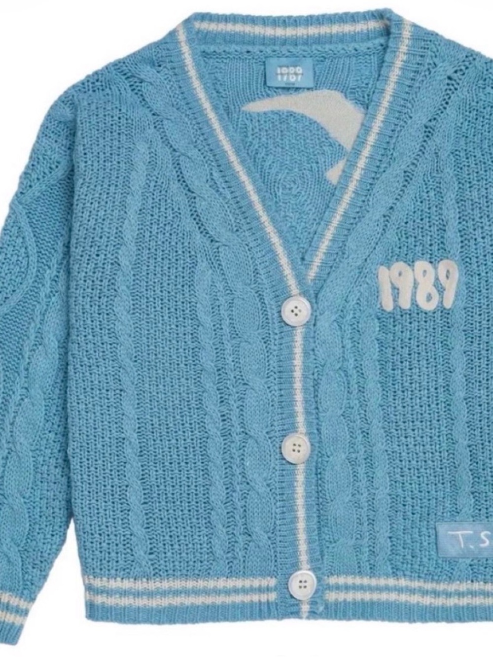Taylor Swift Light Blue Cable Knit Cardigan with White 1989 Applique